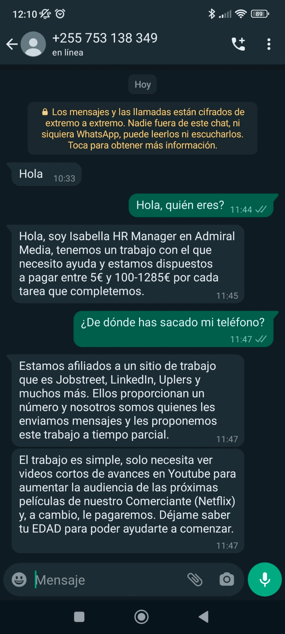 Admiral Scam attempt - screenshot from Whatsapp