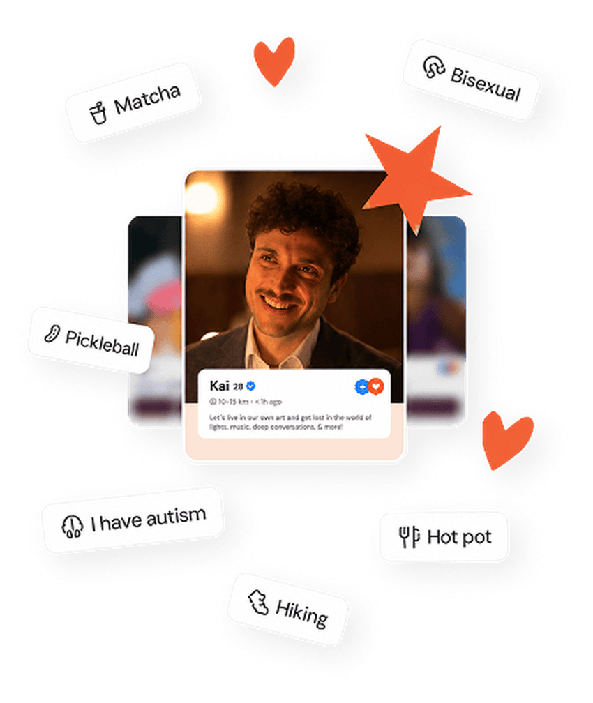 Breeze app profile card for Kai surrounded by interest tags like Matcha, Hot pot, Pickleball and Hiking, with heart and star decorations