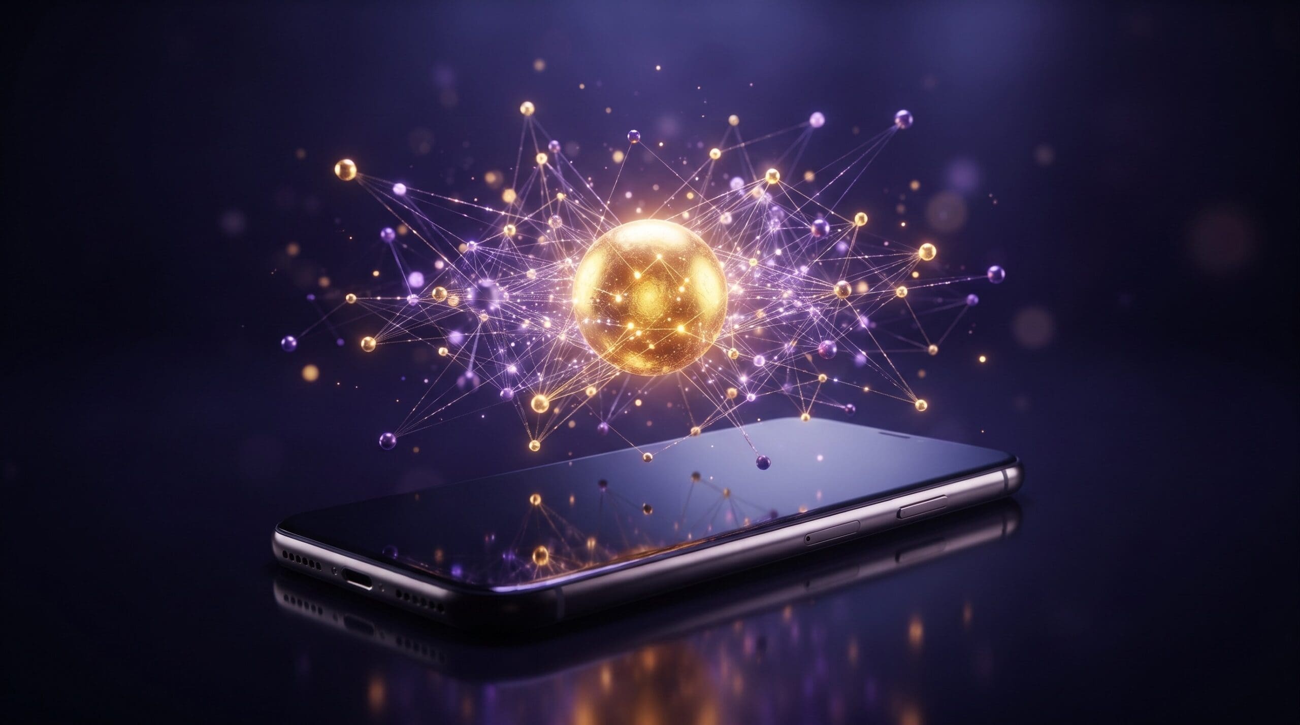 Abstract neural constellation of glowing nodes and citation links converging on a golden sphere above a smartphone, representing answer engine optimization for apps