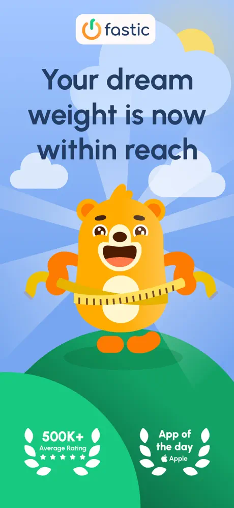 Fastic app screen: your dream weight is now within reach, 500K+ average rating, App of the Day