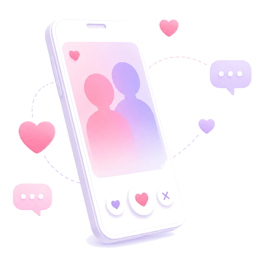 3D illustration of a dating app on a smartphone with hearts and message bubbles