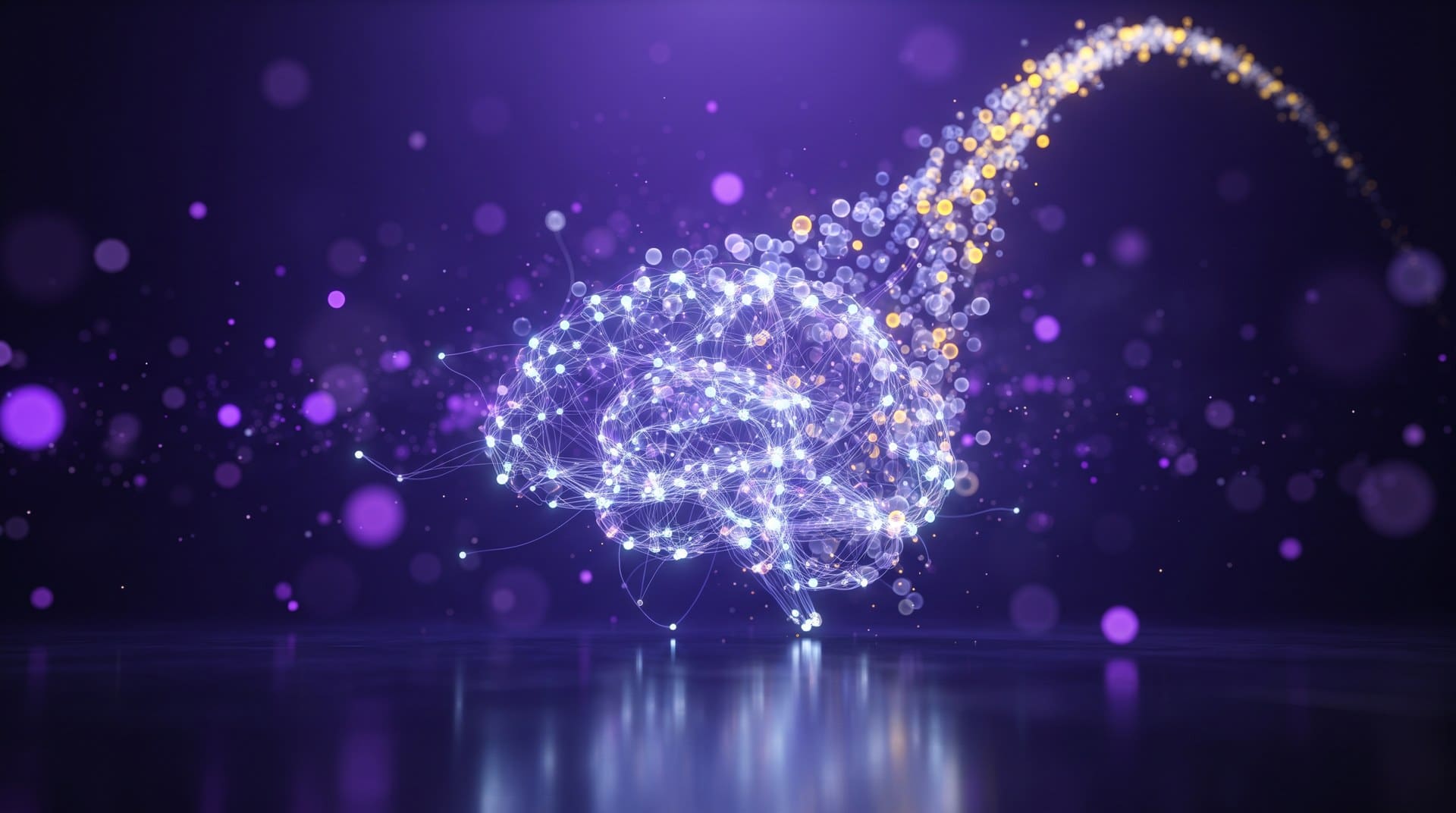 Abstract glowing neural network brain with an ascending stream of golden light particles, representing AI app user acquisition