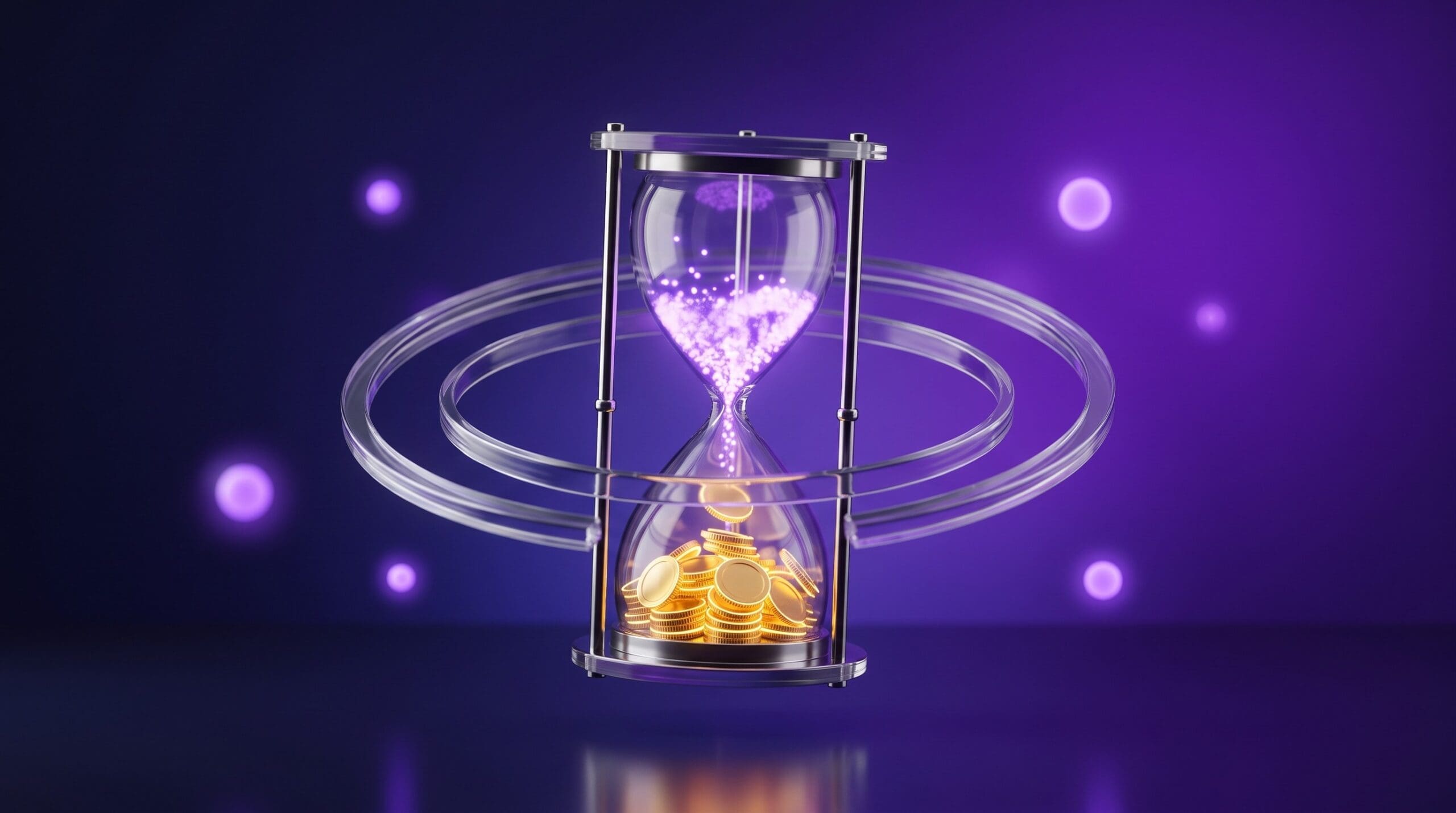 Abstract hourglass with violet light turning into golden coins inside orbiting rings, representing app free trial optimization