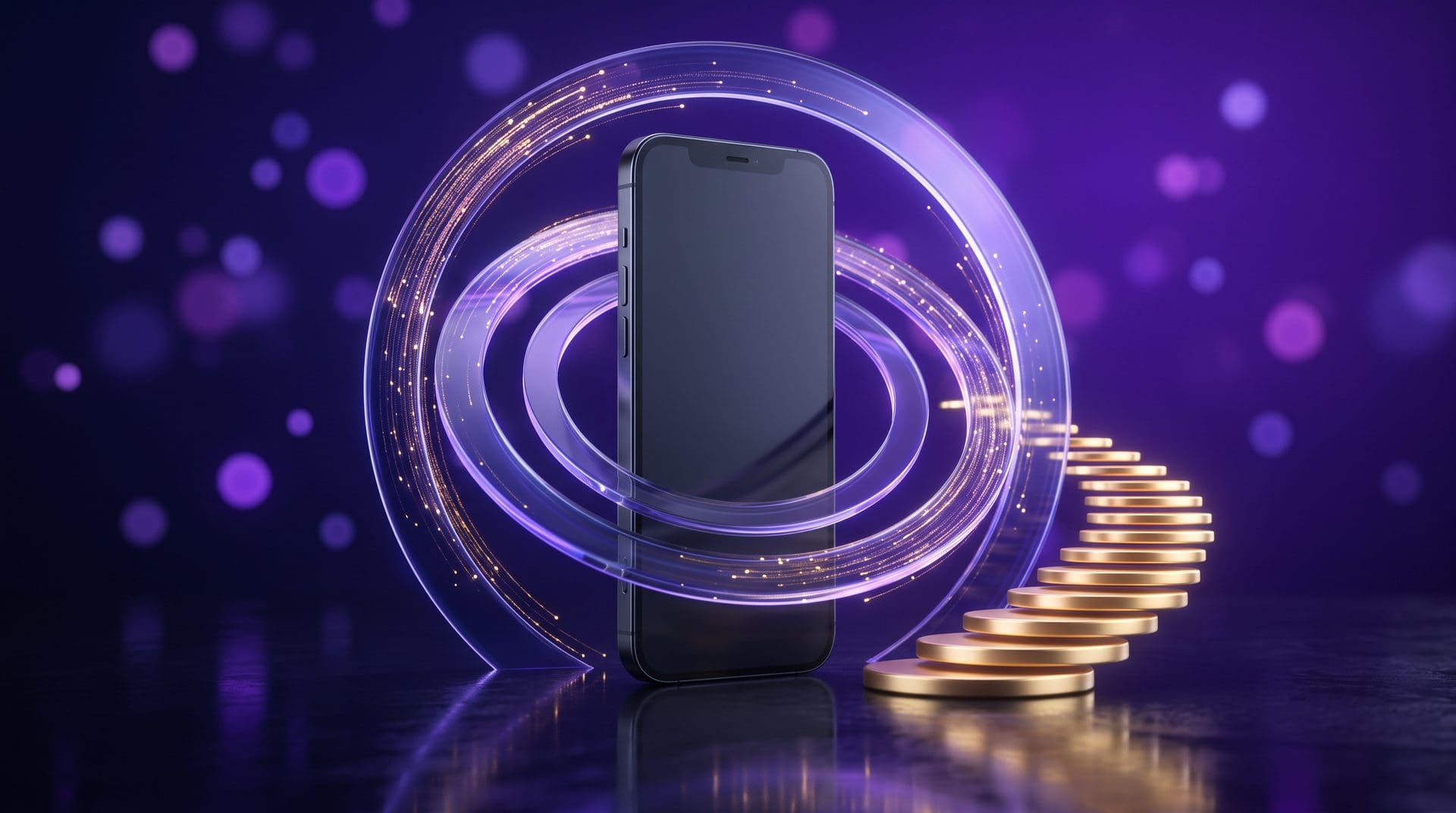 Smartphone encircled by glowing subscription rings beside a rising stack of golden discs, representing mobile app lifetime value