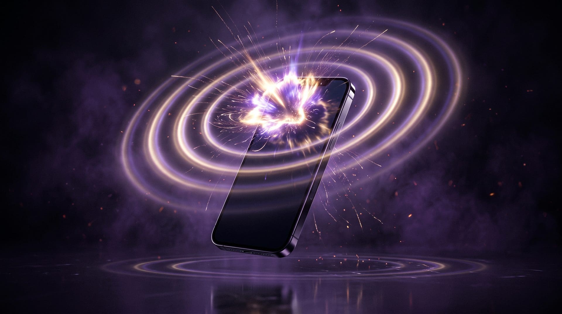 Abstract smartphone with a glowing notification burst and rings of light, illustrating push notification strategy for mobile apps