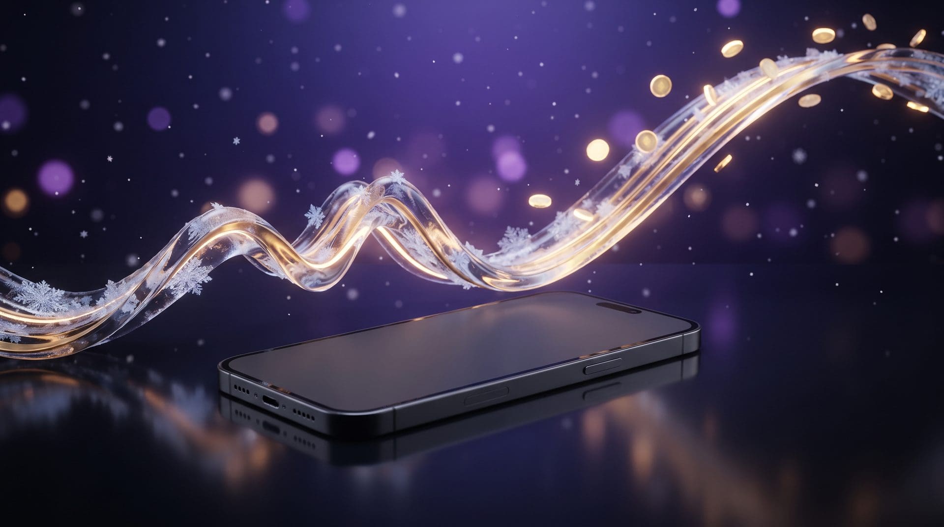 Abstract golden light ribbon rising in two waves above a smartphone, representing seasonal Q4 app growth