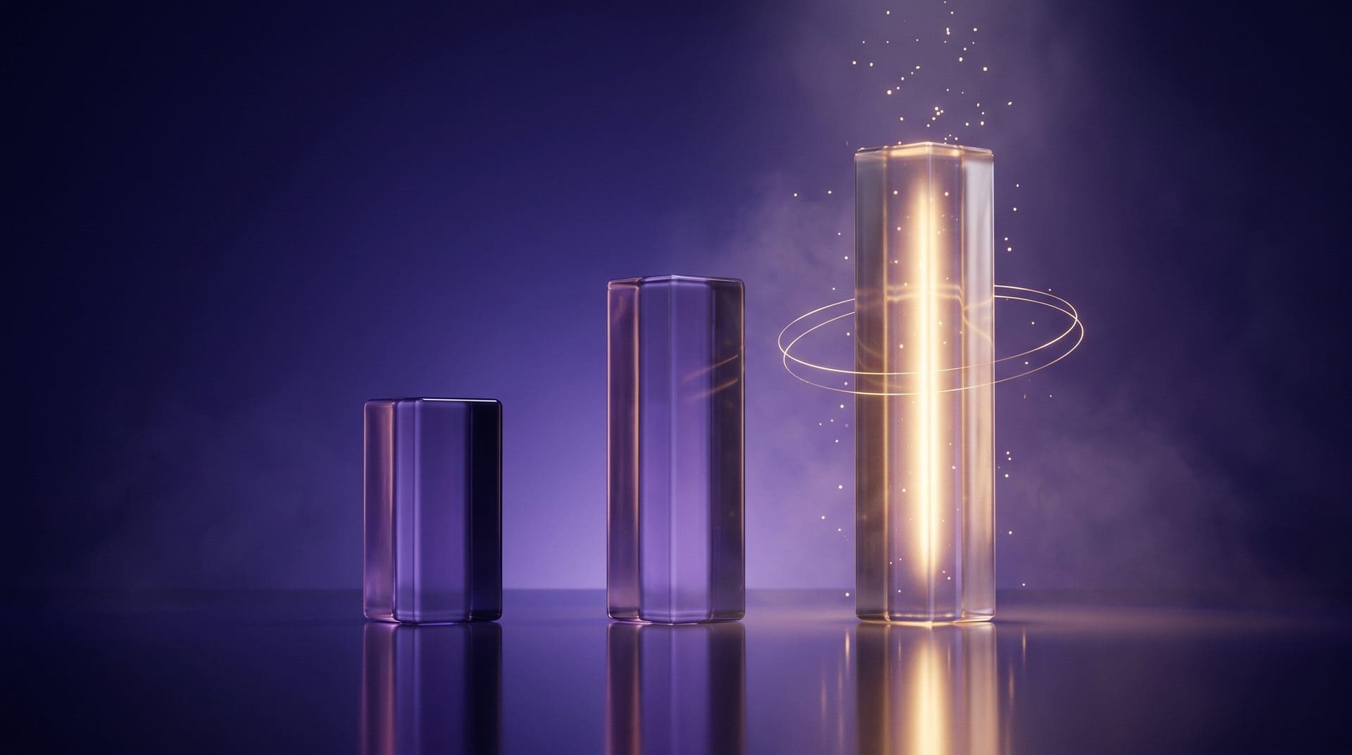 Three glass pillars of rising height, the tallest glowing gold, illustrating subscription app pricing tiers