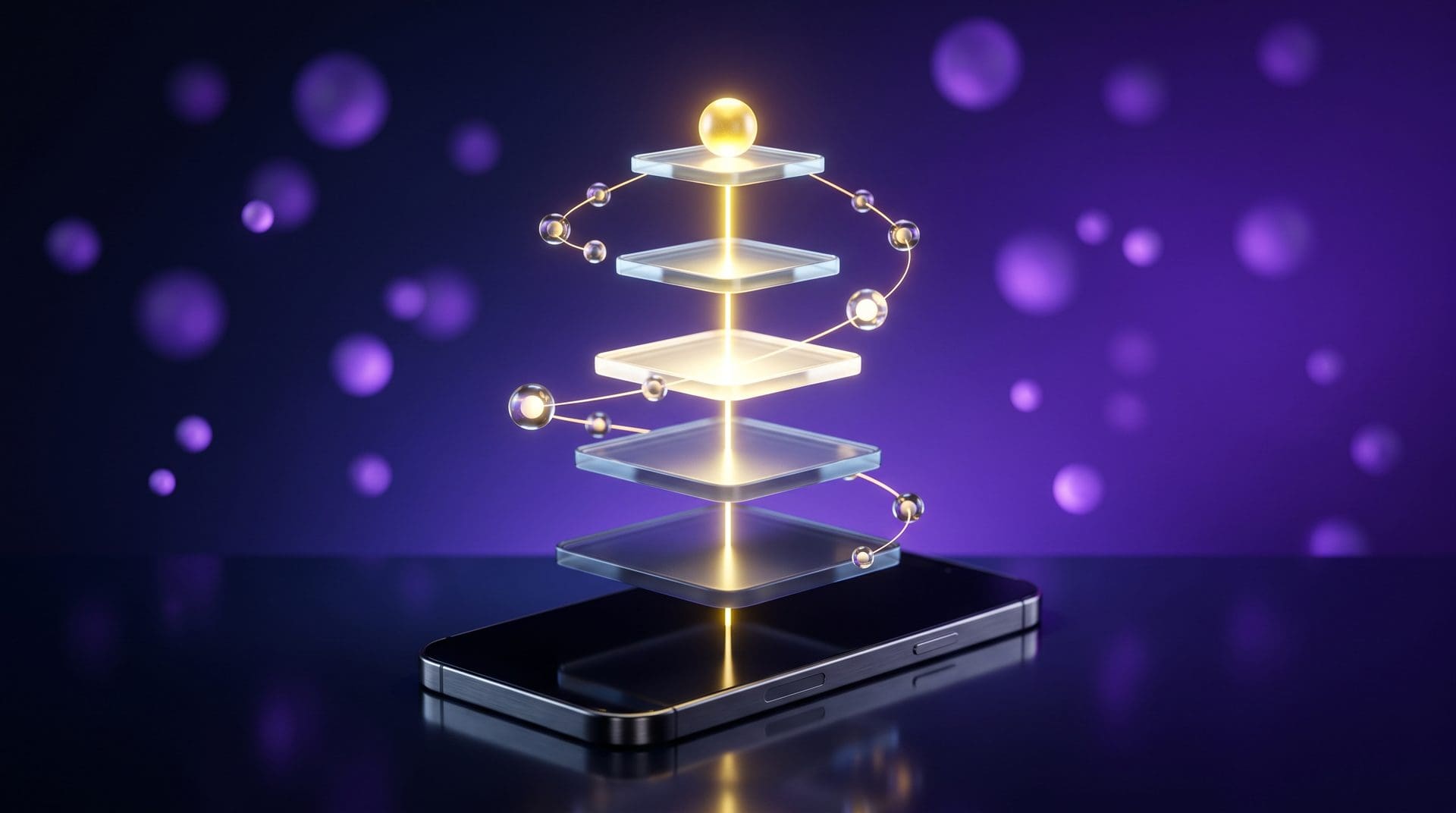 Glass platforms stacked above a smartphone with a golden beam rising to a target sphere, illustrating app event optimization