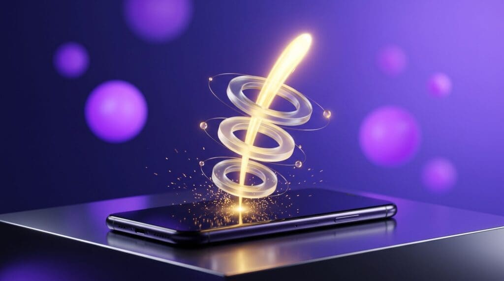 Smartphone on a launch platform with a golden light trail rising through three glass rings, representing a staged mobile app launch