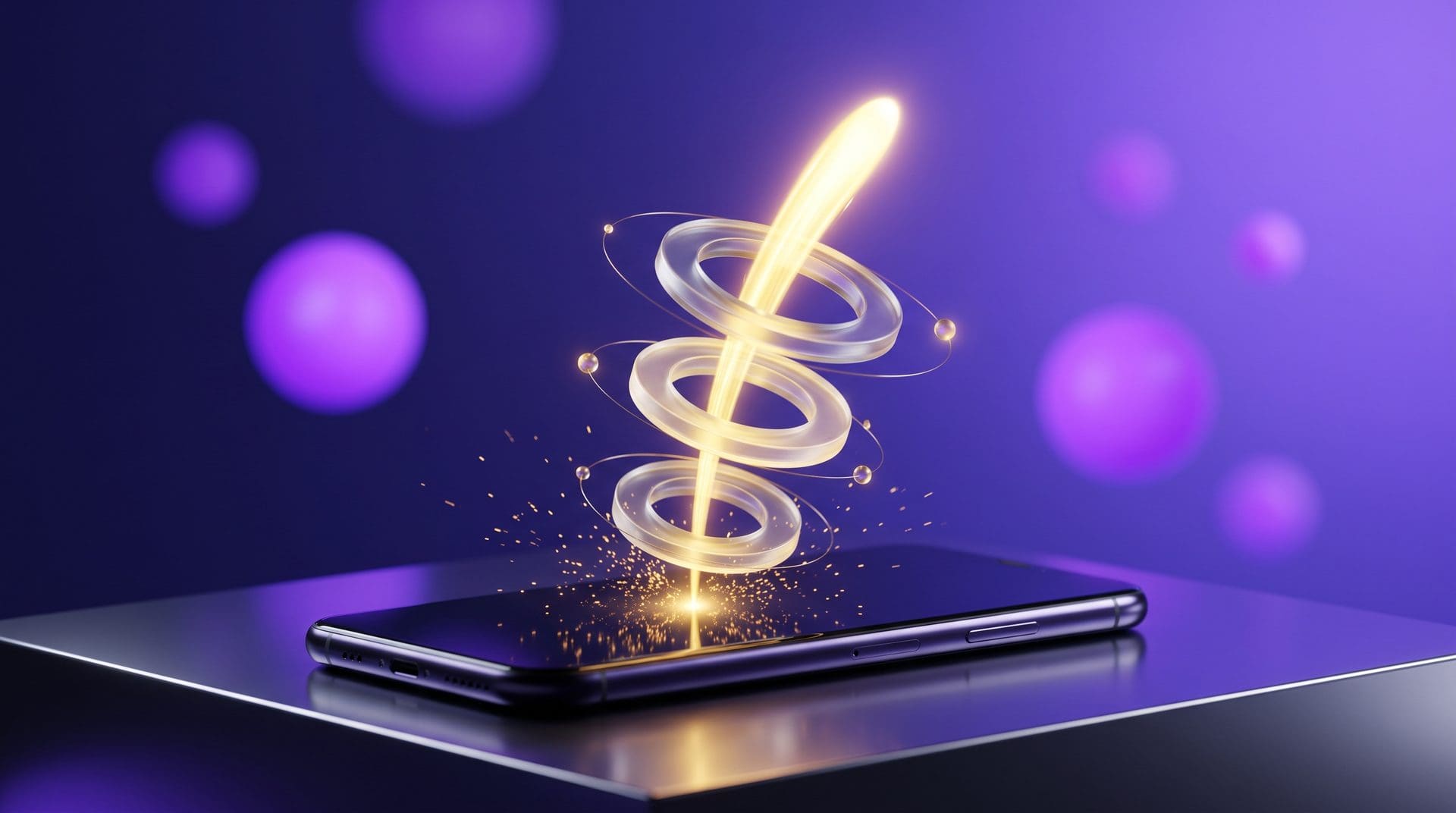 Smartphone on a launch platform with a golden light trail rising through three glass rings, representing a staged mobile app launch