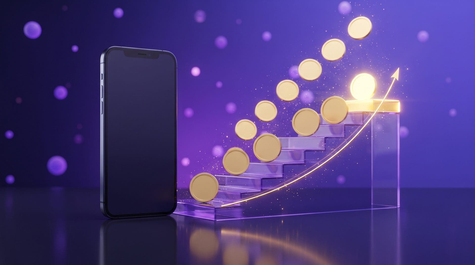 Smartphone beside an ascending glass staircase of budget steps with golden coins rising along an upward growth curve