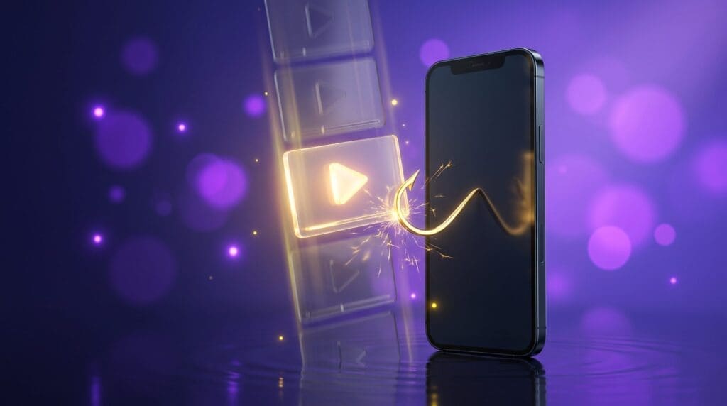 Glowing video frame caught by a golden hook beside a smartphone, illustrating video ad hooks for mobile apps
