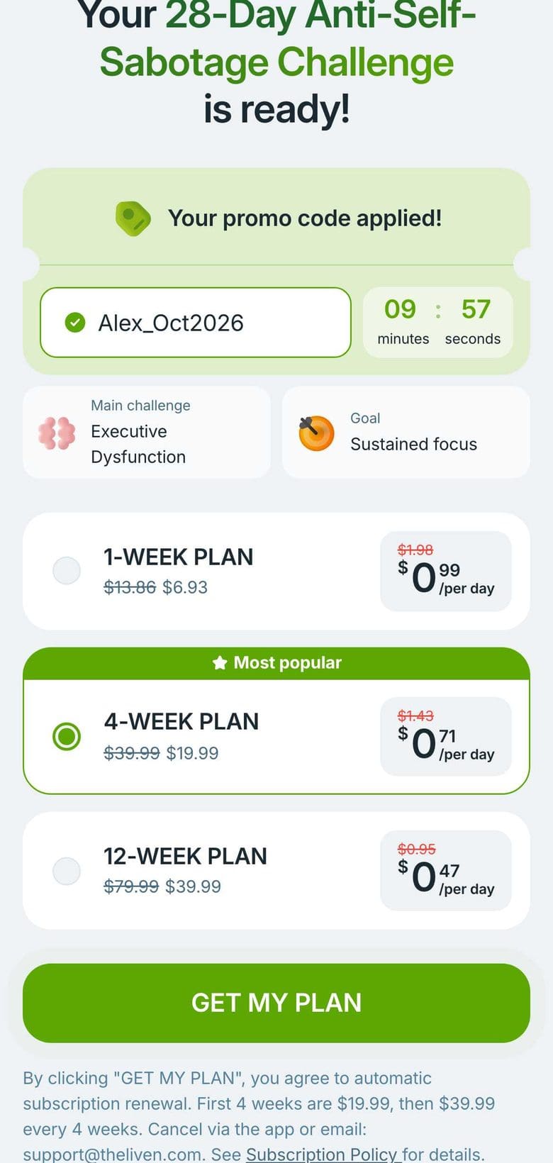 Liven price page: promo code built from the first name, a 10-minute countdown, three plans with the 4-week plan marked Most popular, per-day prices and renewal terms in the small print.