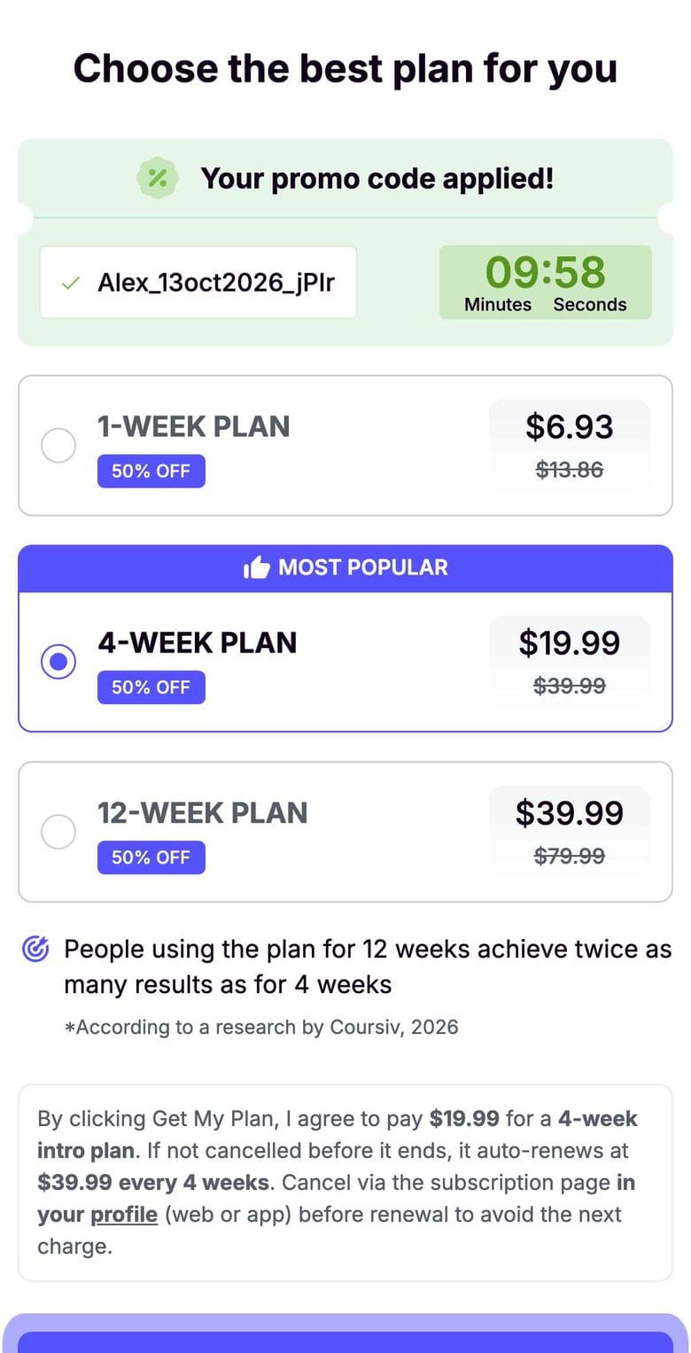 Coursiv price page: promo code applied, a 10-minute timer, three plans at 50% off with the 4-week plan marked Most popular, and renewal terms under the plans.