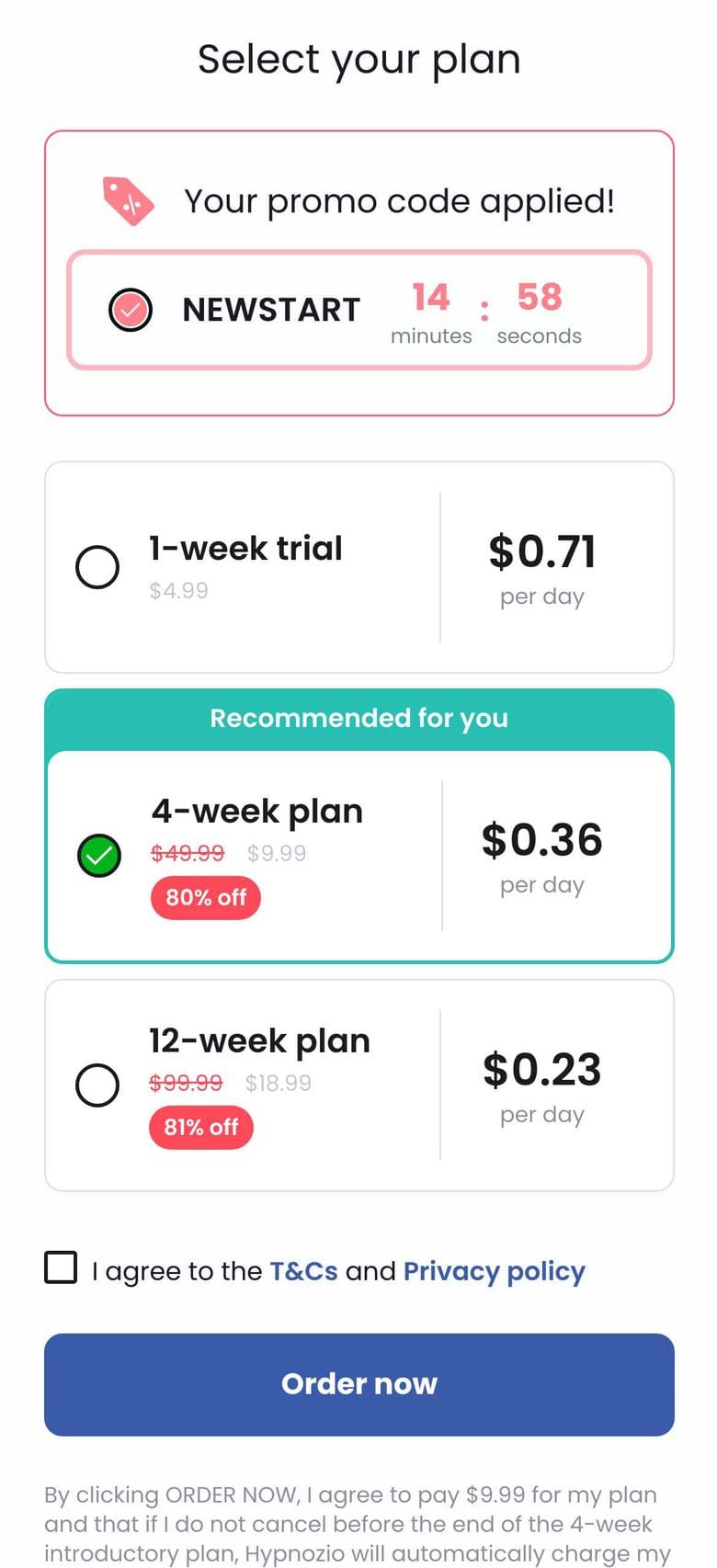 Hypnozio price page: promo code NEWSTART with a 15-minute timer, the 4-week plan recommended at 80% off, per-day prices and a terms checkbox above the Order now button.