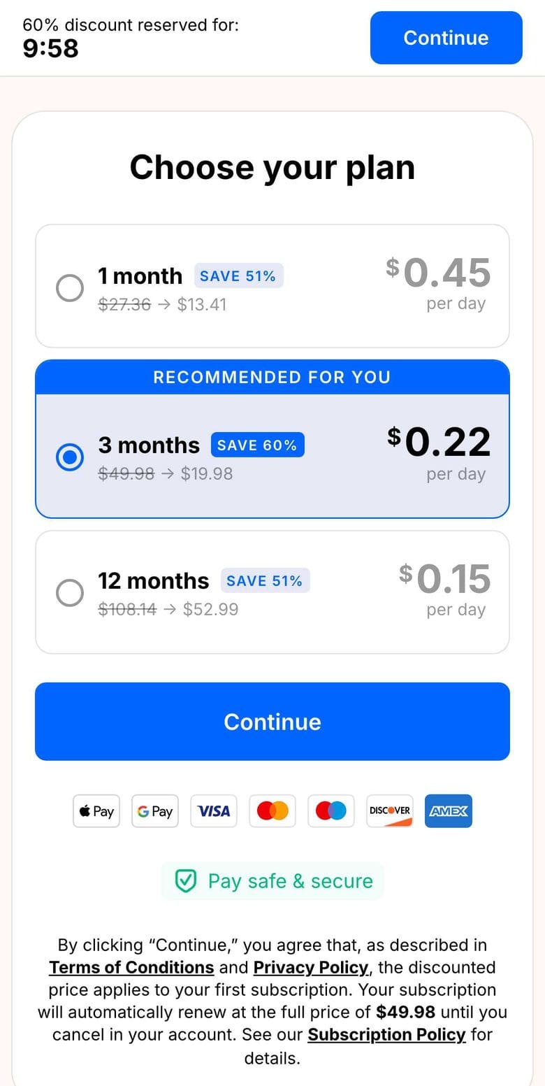 Headway price page: 60% discount reserved for 9:58, three plans priced per day with the 3-month plan recommended, and the renewal price in the small print.