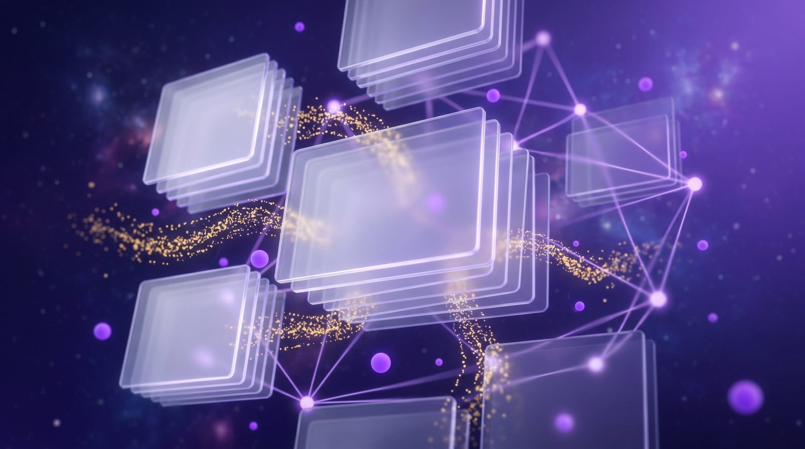 Abstract layered video panels with neural network nodes and golden data streams, representing AI character variant production for performance ads.