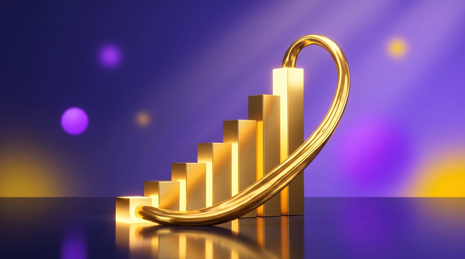 Abstract golden ascending bars with a loop of gold returning to the base, representing CAC payback and capital compounding